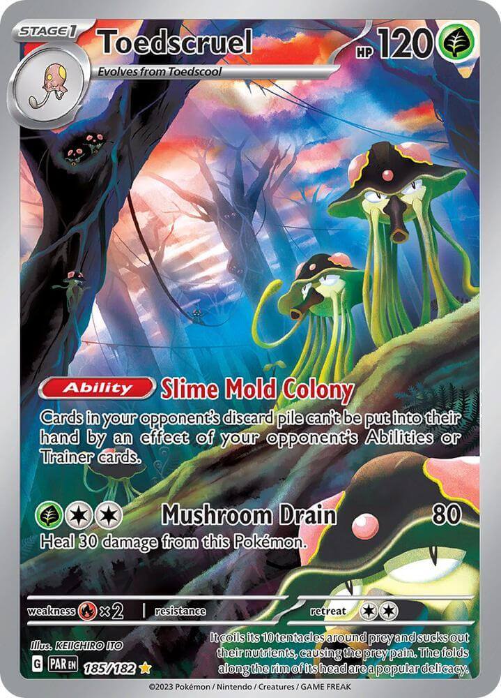 Toedscruel (185/182) [Scarlet & Violet: Paradox Rift] featuring Mushroom Drain ability and vivid mushroom art.