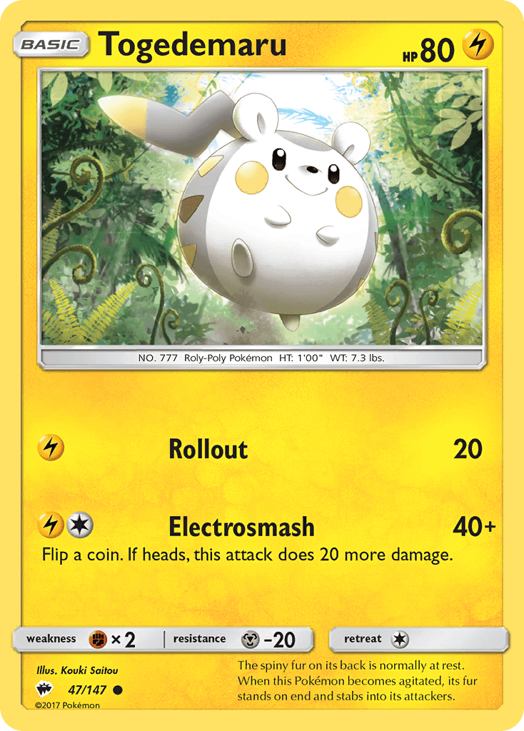 Togedemaru (47/147) [Sun & Moon: Burning Shadows] card showcasing its moves and stats.