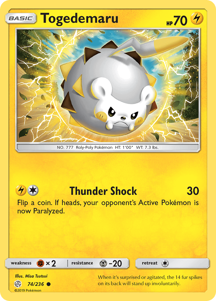 Togedemaru (74/236) [Sun & Moon: Cosmic Eclipse] card featuring Thunder Shock attack.