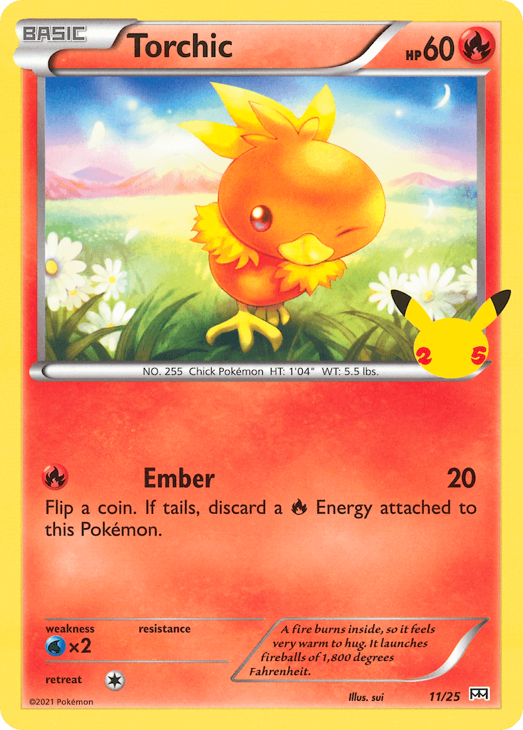 Torchic (11/25) [McDonald's 25th Anniversary] card displaying a vibrant Fire-type Pokémon.