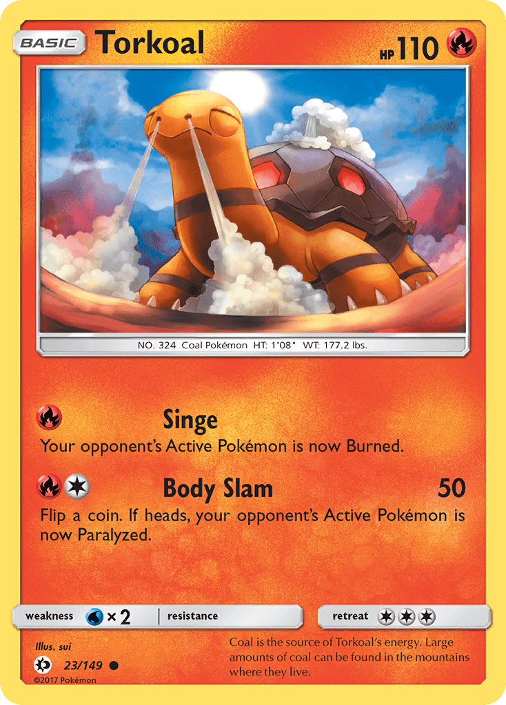 Torkoal (23/149) [Sun & Moon: Base Set] card featuring abilities Singe and Body Slam.