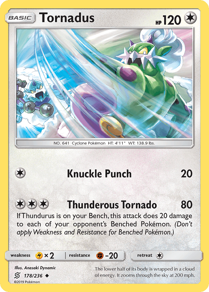 Tornadus (178/236) [Sun & Moon: Unified Minds] card featuring Knuckle Punch and Thunderous Tornado attacks.