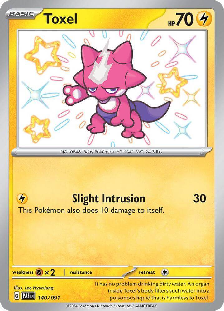 Toxel (140/091) [Scarlet & Violet: Paldean Fates] card featuring a pink Pokémon with lightning powers.