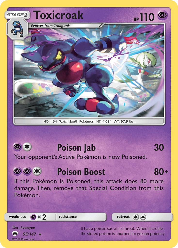 Toxicroak (55/147) [Sun & Moon: Burning Shadows] with Poison Jab and Poison Boost abilities.
