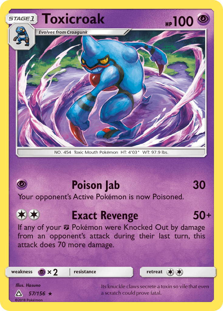 Toxicroak (57/156) [Sun & Moon: Ultra Prism] card featuring Psychic type and rare status in vibrant illustration.