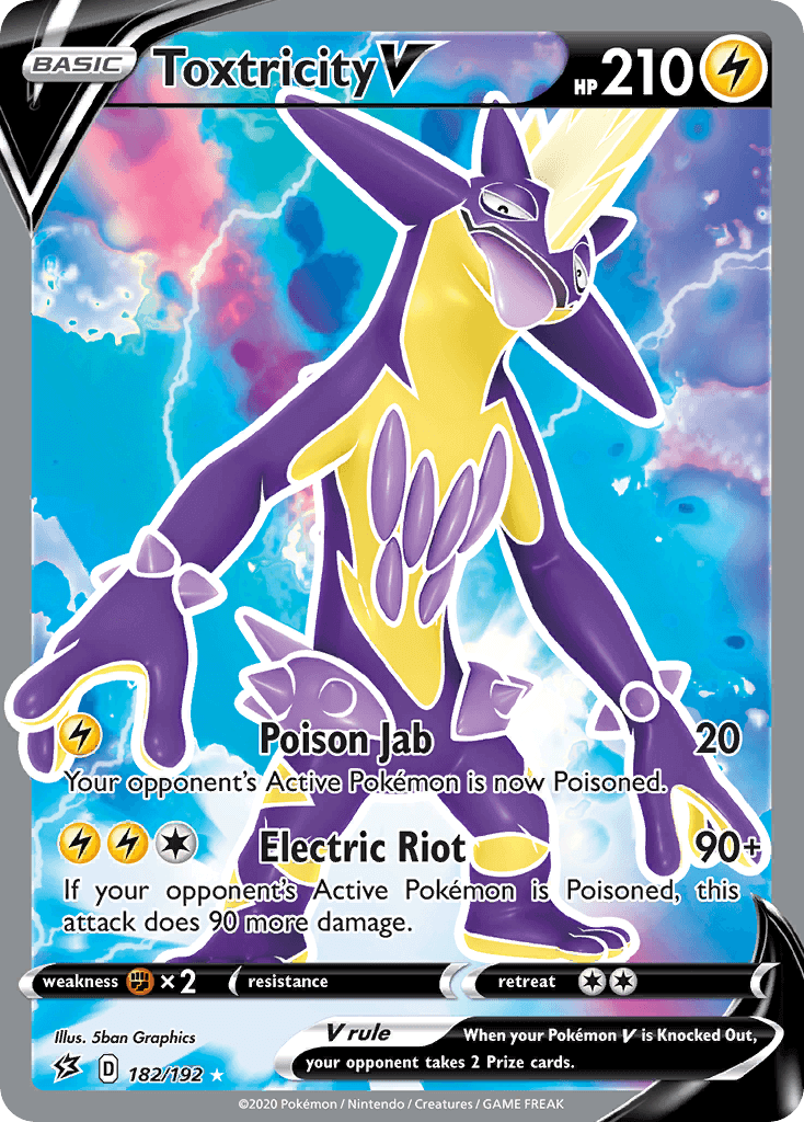 Toxtricity V (182/192) [Sword & Shield: Rebel Clash] featuring lightning type and ultra rare stats.