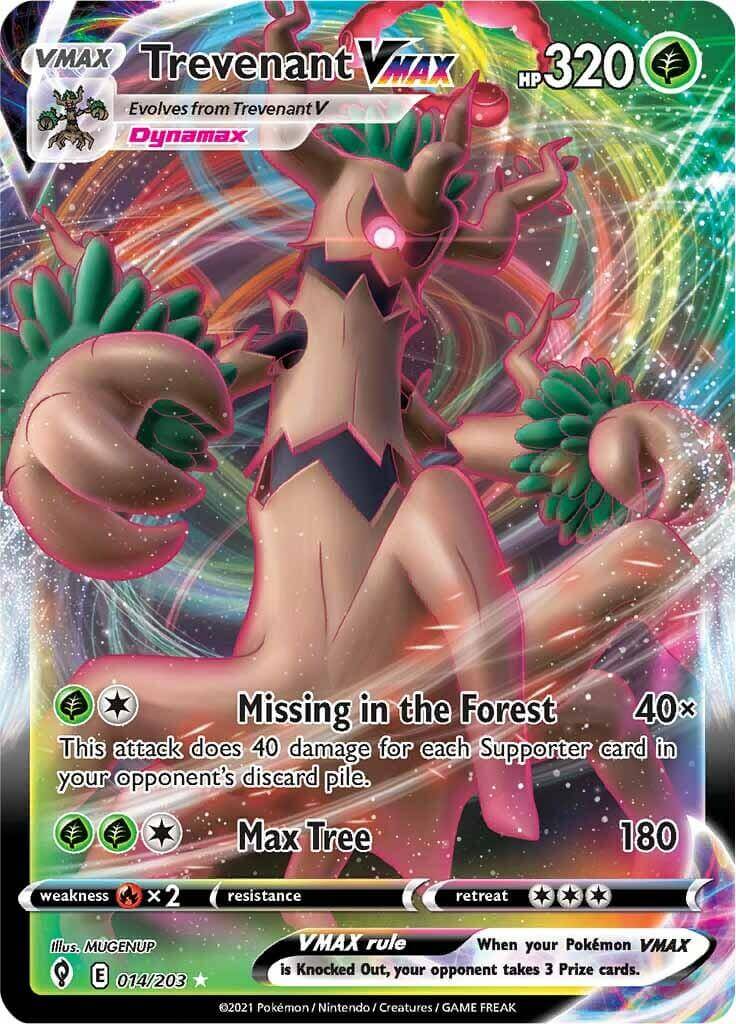 Trevenant VMAX (014/203) [Sword & Shield: Evolving Skies] card featuring HP 320 and moves Missing in the Forest and Max Tree.