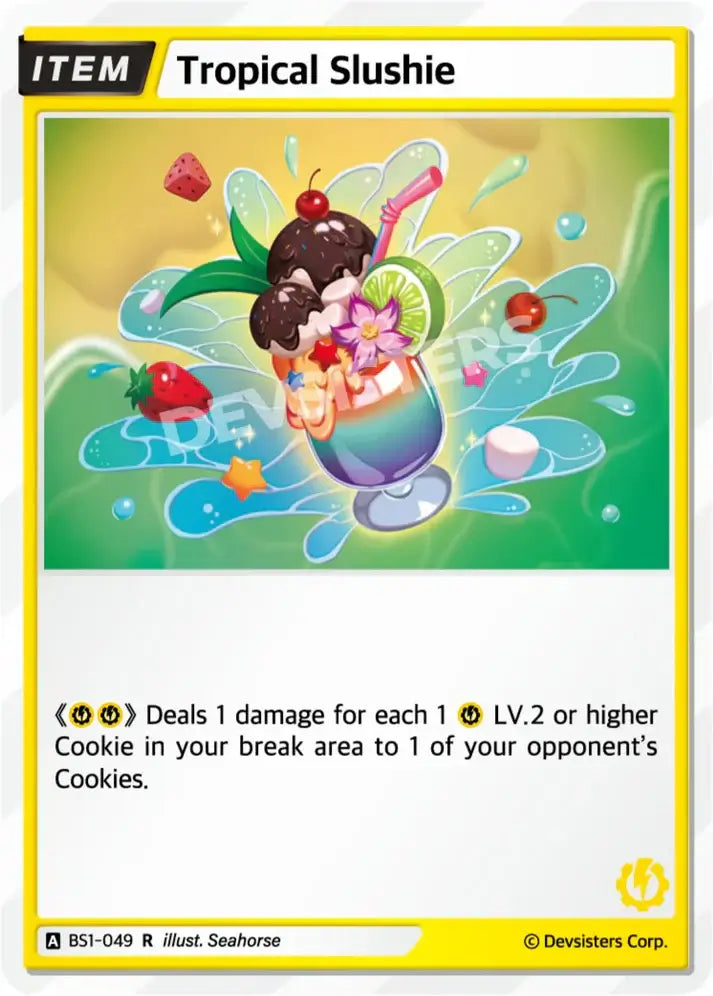 Tropical Slushie (BS1-049) R – Brave Beginning Rare | Cookie Run TCG Single Card featuring a colorful drink with fruit.