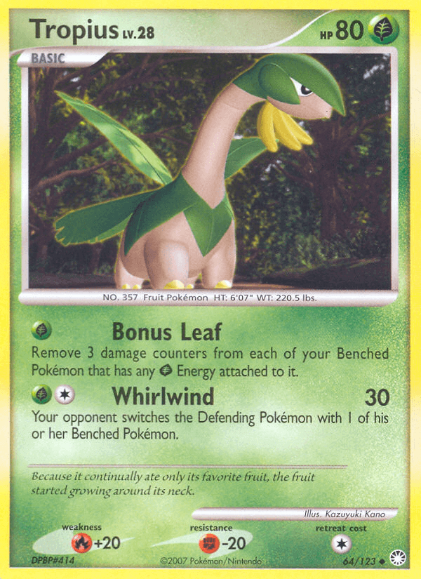 Tropius (64/123) [Diamond & Pearl: Mysterious Treasures] card showcasing Grass type with HP 80 and attacks Bonus Leaf and Whirlwind.