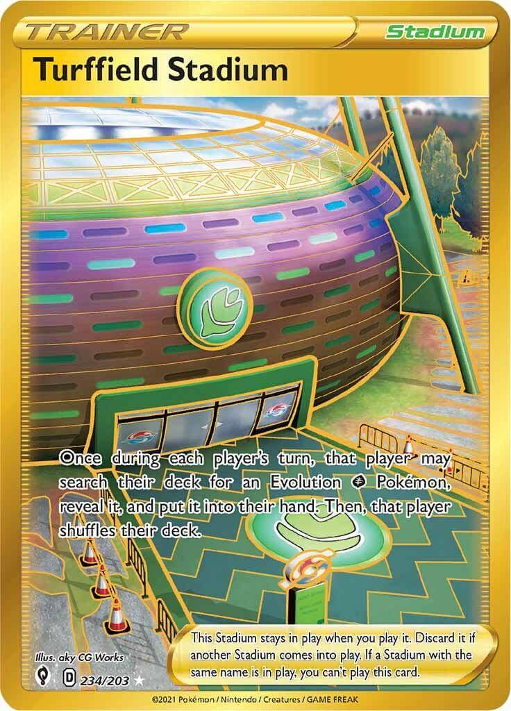 Turffield Stadium (234/203) [Sword & Shield: Evolving Skies] collectible card with gameplay instructions.