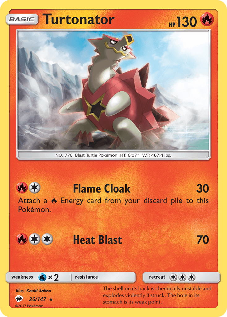 Turtonator (26/147) [Sun & Moon: Burning Shadows] card displaying HP, attack moves, and rarity details.