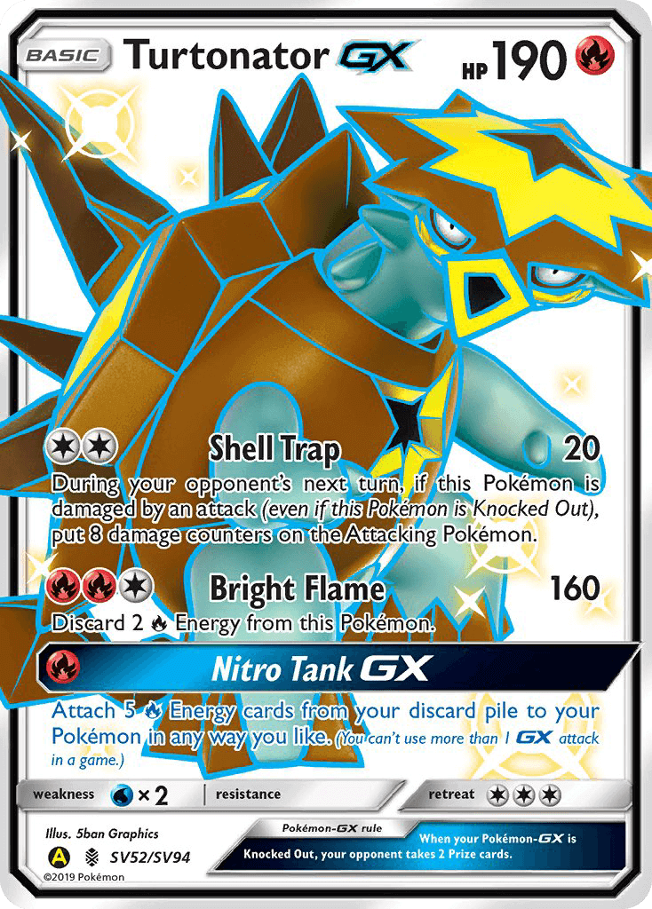 Turtonator GX (SV52/SV94) [Sun & Moon: Hidden Fates - Shiny Vault] card with HP, abilities, and rarity details.