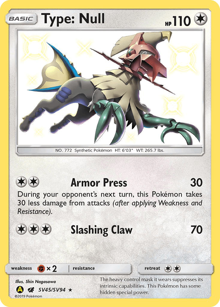 Type: Null (SV45/SV94) [Sun & Moon: Hidden Fates - Shiny Vault] card featuring Armor Press and Slashing Claw moves.