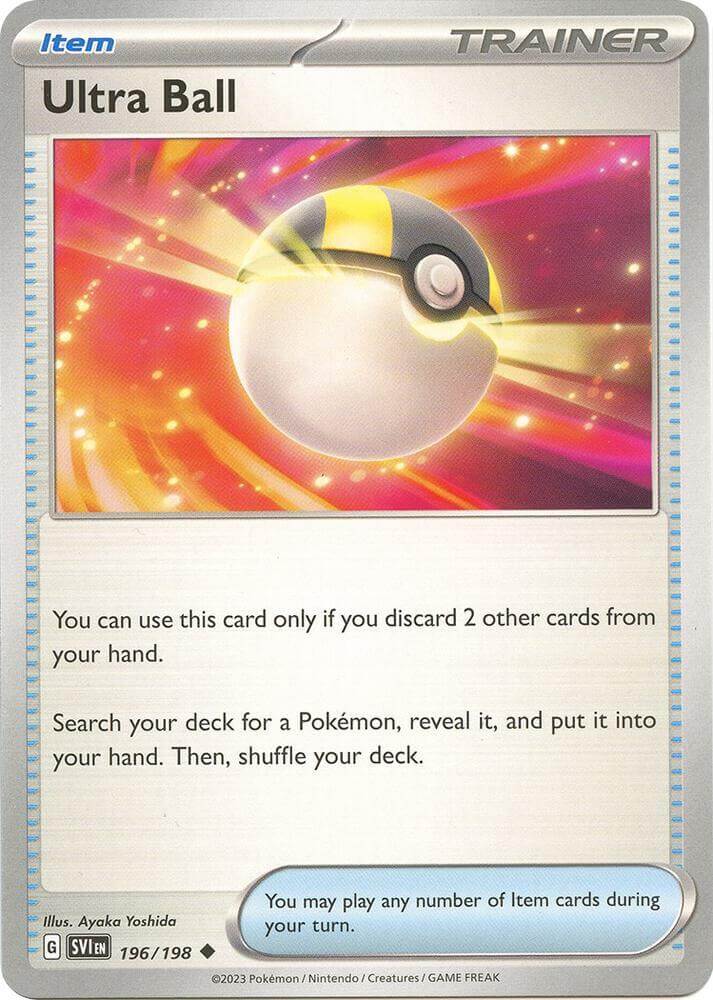 Ultra Ball (196/198) [Scarlet & Violet: Base Set] item card featuring game mechanics and artwork.