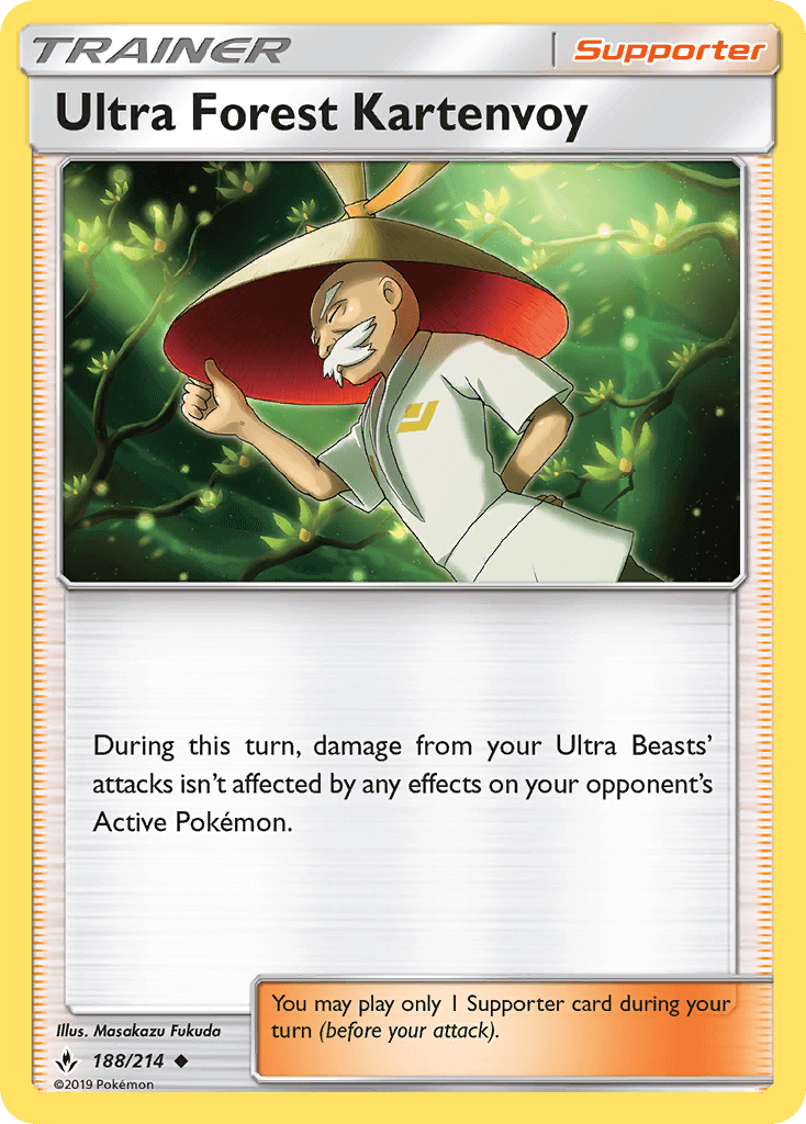 Ultra Forest Kartenvoy (188/214) [Sun & Moon: Unbroken Bonds] Supporter card artwork featuring a character in a forest.