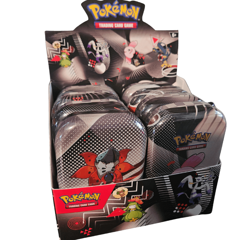 Unova Black Bolt White Flare Mini Tin Display featuring various Pokémon designs and trading card game branding.