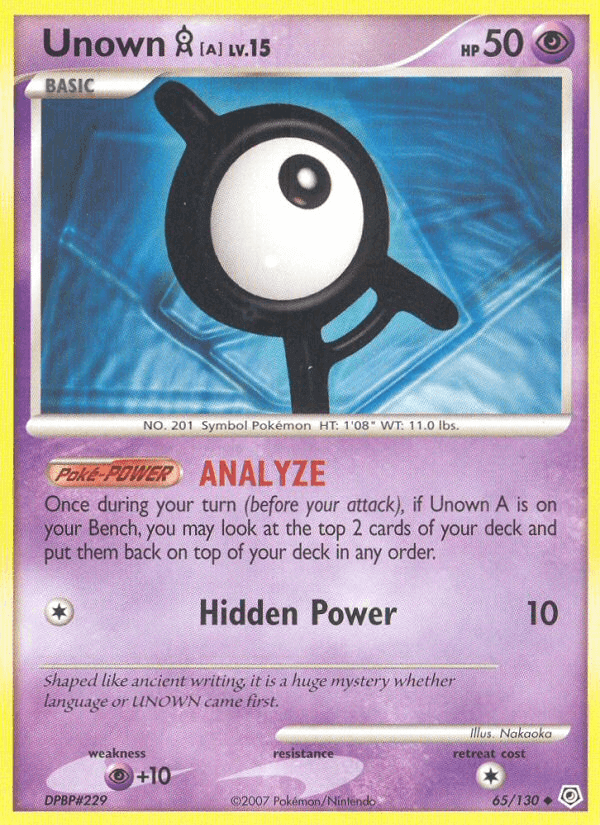 Unown A (65/130) [Diamond & Pearl: Base Set] card showing psychic properties and uncommon rarity.