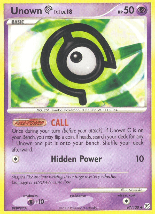 Unown C (67/130) [Diamond & Pearl: Base Set] card featuring psychic type design and text description.