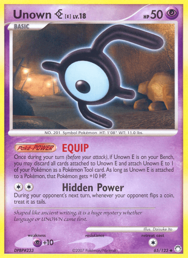 Unown E (65/123) [Diamond & Pearl: Mysterious Treasures] card featuring Psychic type and uncommon rarity.