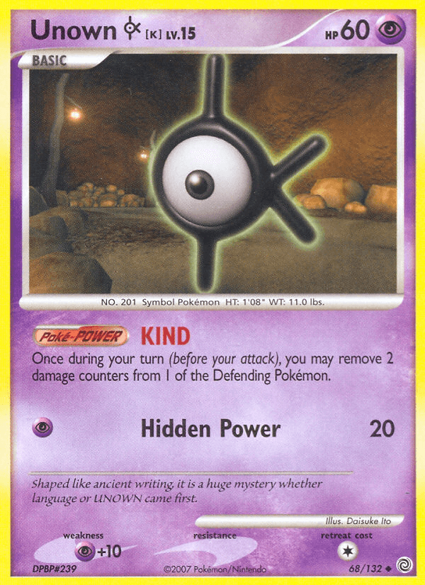 Unown K (68/132) [Diamond & Pearl: Secret Wonders] card featuring Psychic type and uncommon rarity.