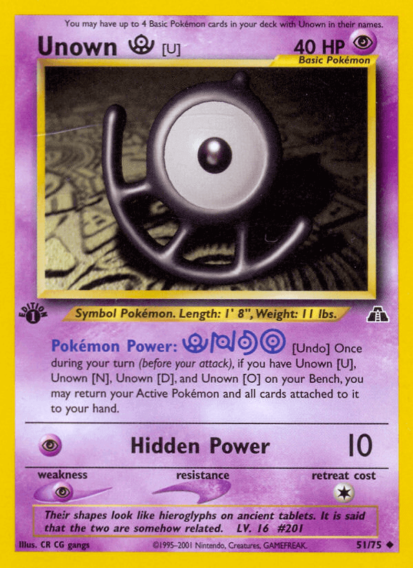 Unown [U] (51/75) [Neo Discovery 1st Edition] Psychic Pokémon card with 40 HP and uncommon rarity.