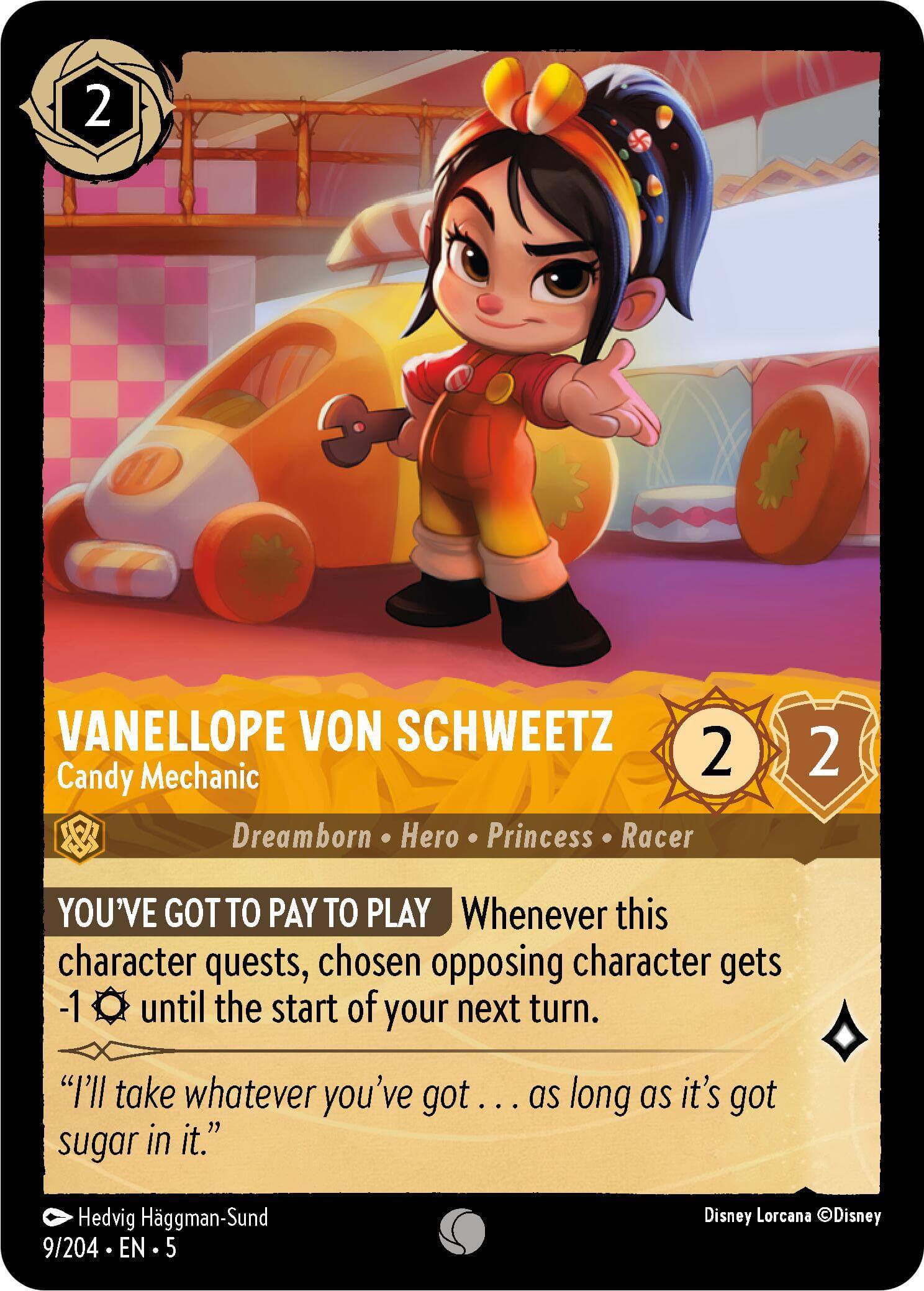 Vanellope von Schweetz - Candy Mechanic (9/204) [Shimmering Skies] collectible card featuring character stats and flavor text.