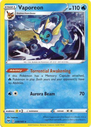 Vaporeon (030/185) (Cosmos Holo) [Sword & Shield: Vivid Voltage] trading card featuring Water-type Vaporeon.