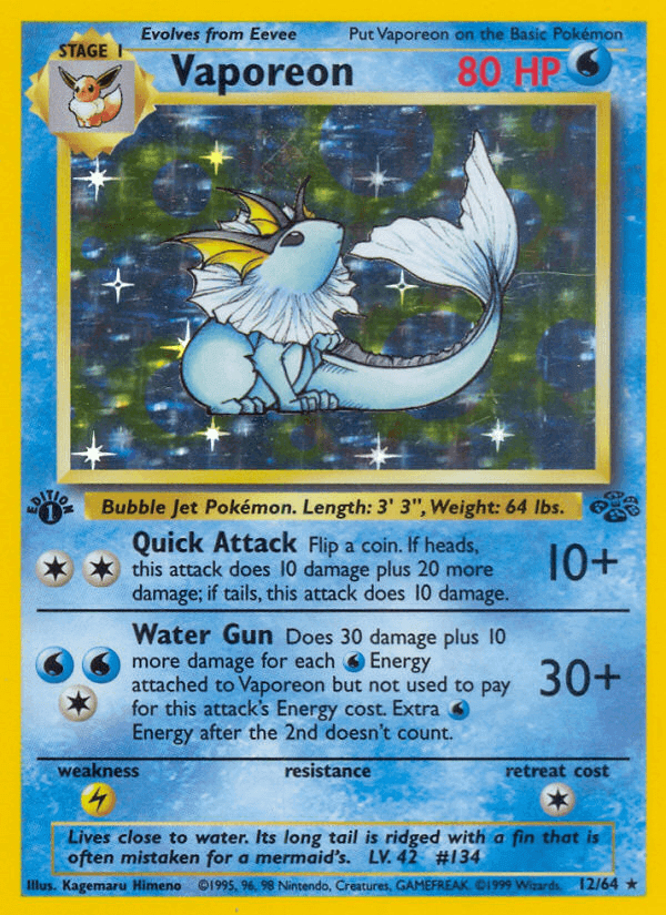 Vaporeon (12/64) [Jungle 1st Edition] collectible card featuring Water type and Holo Rare rarity.