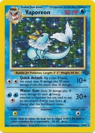 Vaporeon (12/64) [Jungle Unlimited] Holo Rare Water Pokémon card with Quick Attack and Water Gun moves.