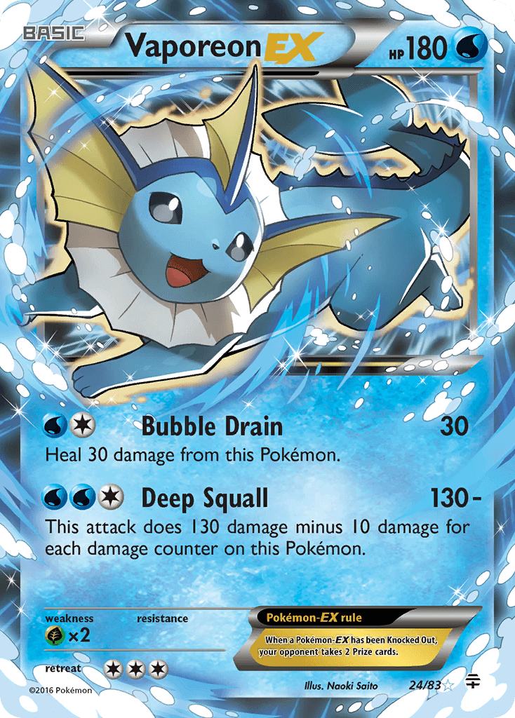 Vaporeon EX (24/83) [XY: Generations] showcasing Bubble Drain and Deep Squall abilities on a vibrant water-themed card.