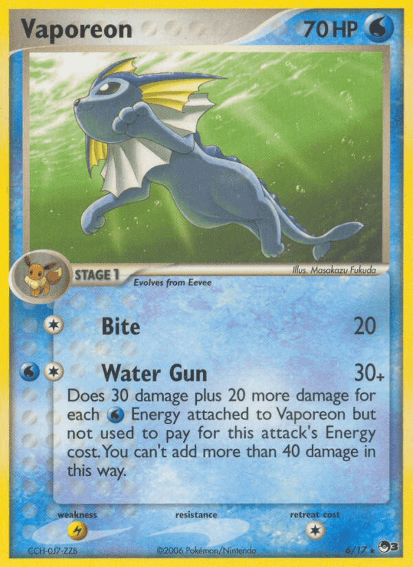 Vaporeon (6/17) [POP Series 3] card featuring Water Gun attack and rare characteristics.