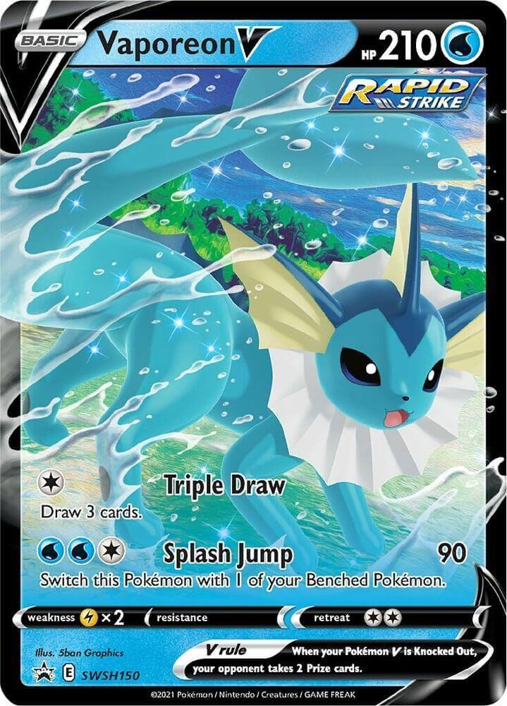 Vaporeon V (SWSH150) [Sword & Shield: Black Star Promos] displaying its abilities and artwork in a vibrant background.