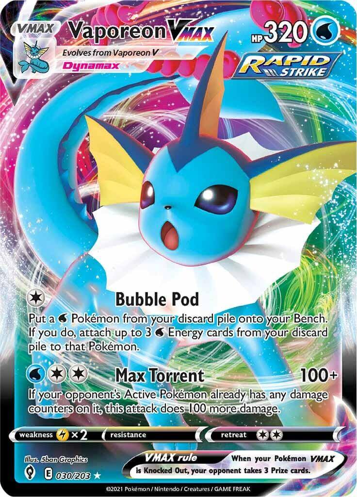 Vaporeon VMAX (030/203) [Sword & Shield: Evolving Skies] card featuring HP 320 and special abilities.