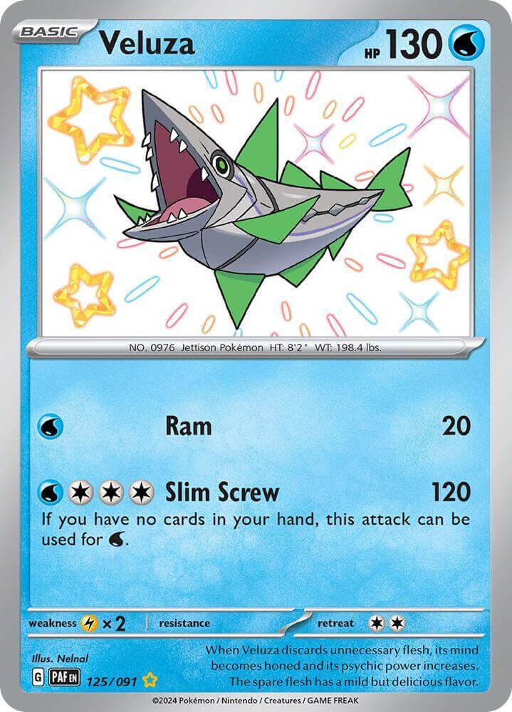 Veluza (125/091) [Scarlet & Violet: Paldean Fates] card featuring Water type and Shiny Rare attributes.