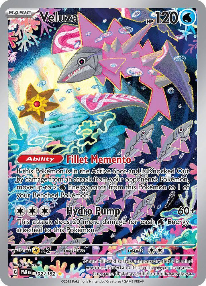 Veluza (192/182) [Scarlet & Violet: Paradox Rift] card featuring vibrant artwork and abilities like Fillet Memento and Hydro Pump.