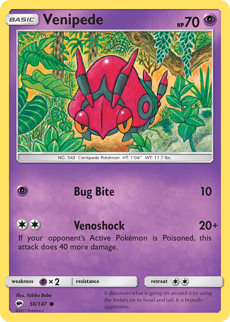 Venipede (56/147) [Sun & Moon: Burning Shadows] card featuring its Bug Bite and Venoshock abilities.