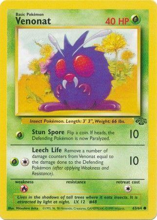 Venonat (63/64) [Jungle Unlimited] card featuring stats and abilities, grass type, common rarity.