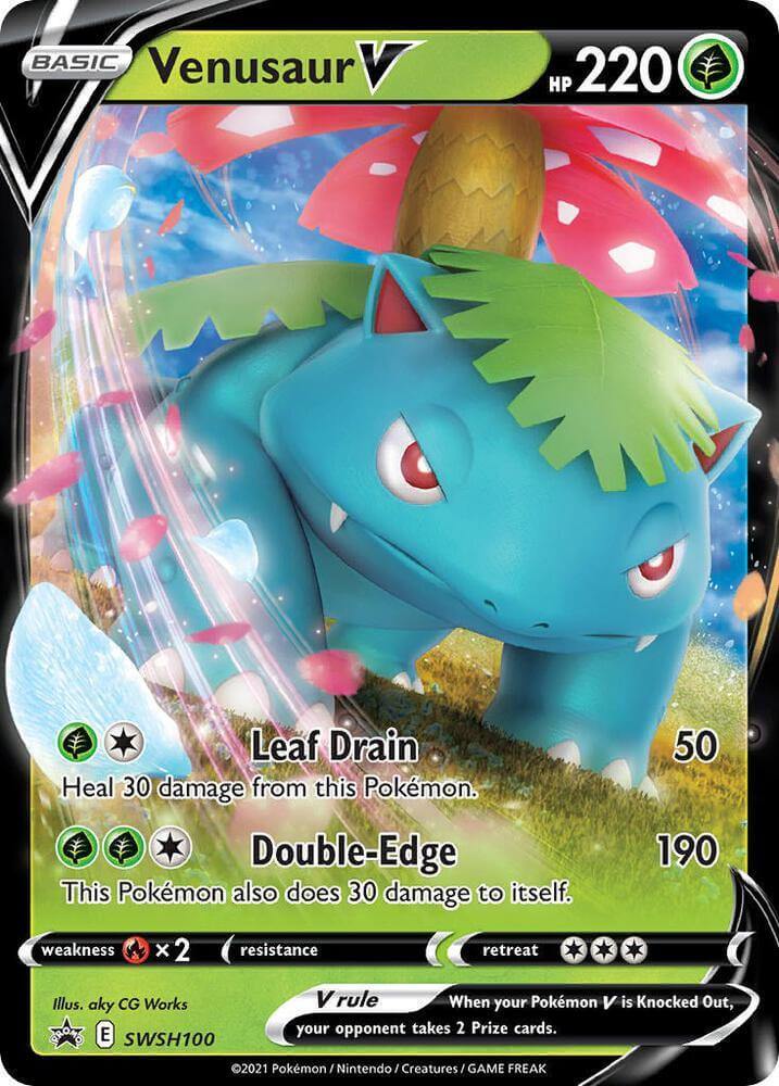 Venusaur V (SWSH100) [Sword & Shield: Black Star Promos] card featuring Leaf Drain and Double-Edge attacks.
