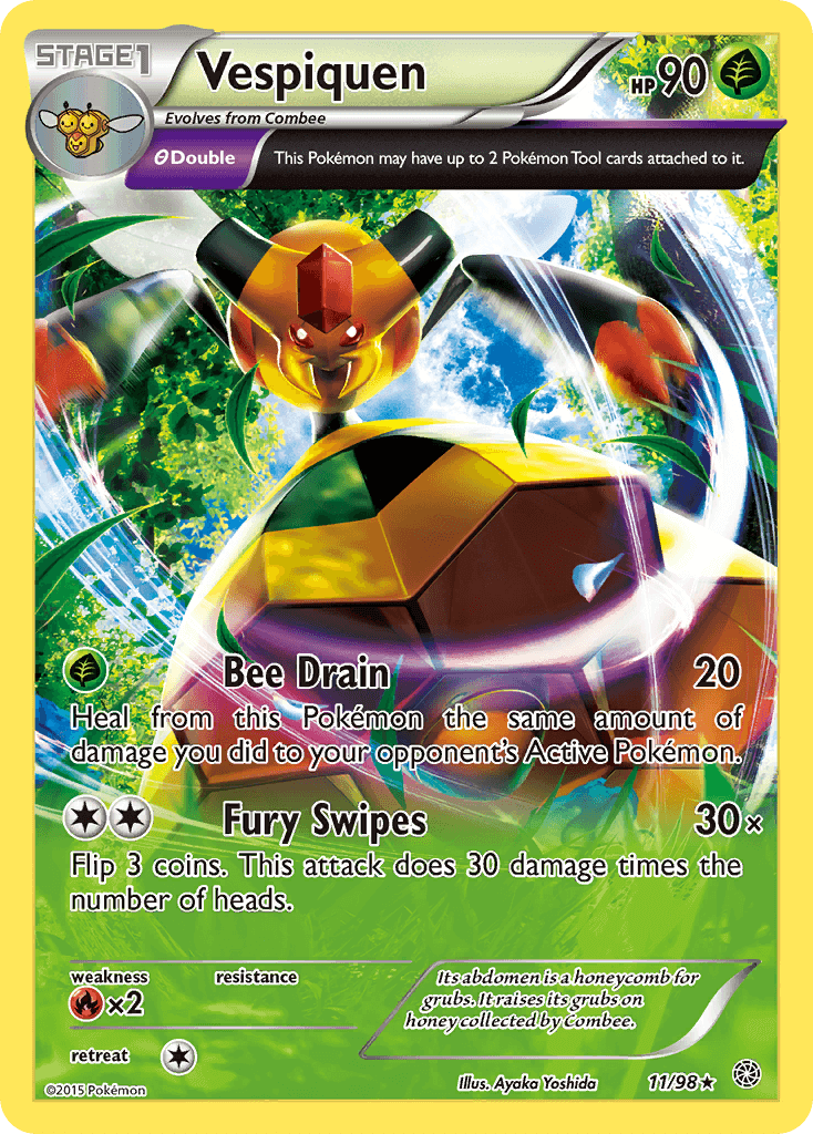 Vespiquen (11/98) [XY: Ancient Origins] card featuring Grass type and rare retreat cost.