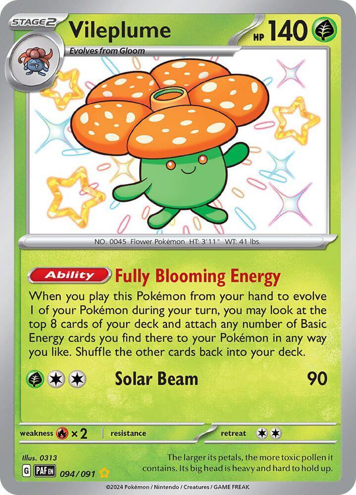 Vileplume (094/091) [Scarlet & Violet: Paldean Fates] card showcasing its ability and stats.