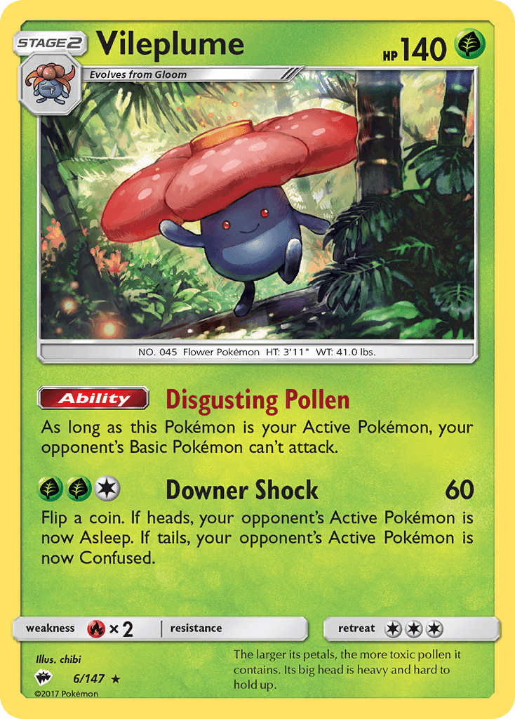 Vileplume (6/147) [Sun & Moon: Burning Shadows] Holo Rare Grass Pokémon card with abilities Disgusting Pollen and Downer Shock.