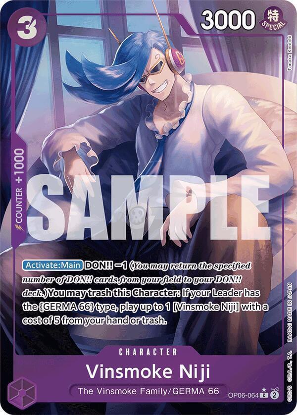 Vinsmoke Niji (Full Art) [Premium Booster] card showcasing character abilities and details.