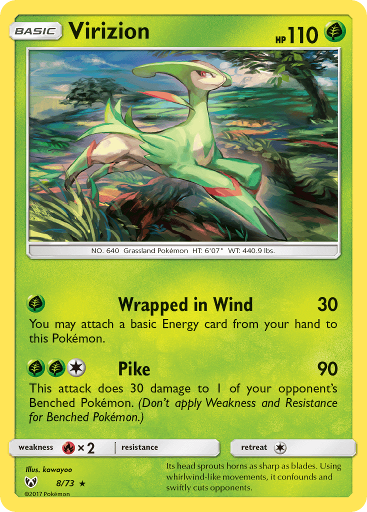 Virizion (8/73) [Sun & Moon: Shining Legends] card showcasing Grass type Holo Rare features.