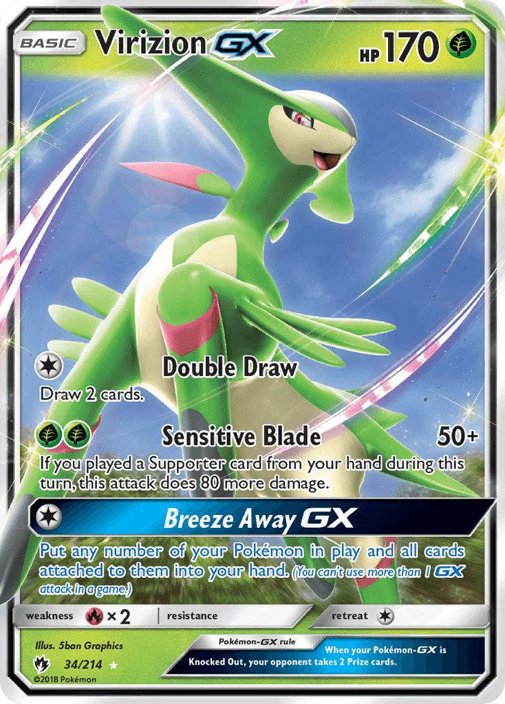 Virizion GX (34/214) [Sun & Moon: Lost Thunder] card showcasing its abilities and ultra rare rarity.