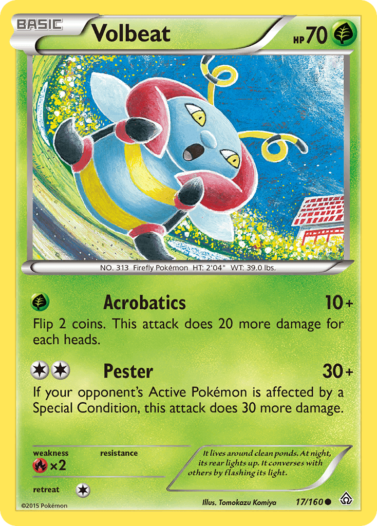 Volbeat (17/160) [XY: Primal Clash] trading card with Acrobatics and Pester moves, featuring Grass type.