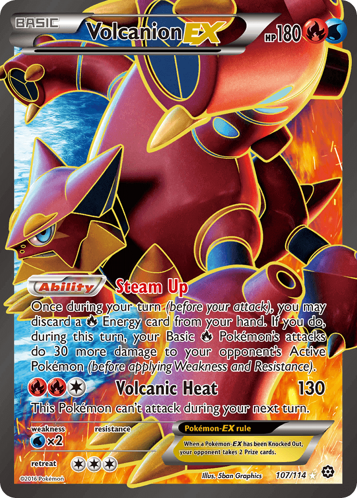 Volcanion EX (107/114) [XY: Steam Siege] card featuring abilities and attack stats.