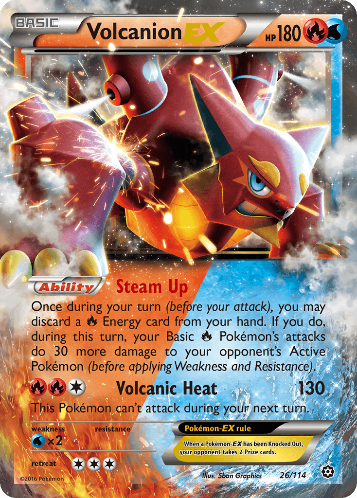 Volcanion EX (26/114) [XY: Steam Siege] card showcasing Fire and Water type abilities and attacks.
