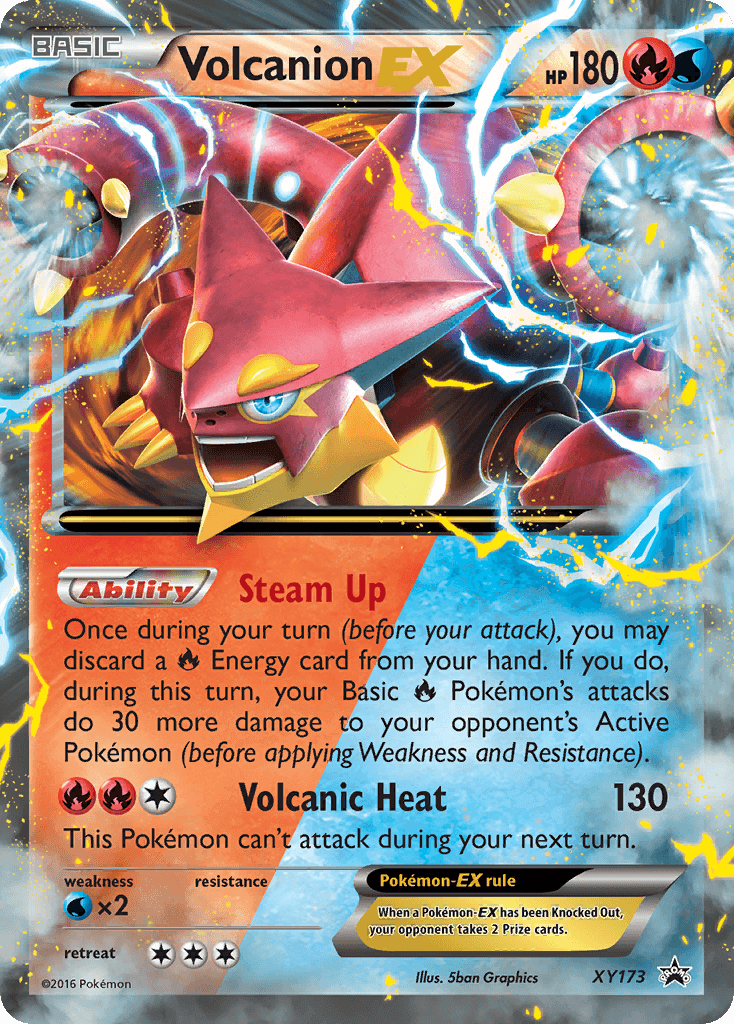 Volcanion EX (XY173) [XY: Black Star Promos] card featuring Fire and Water abilities, HP 180 with attacks.