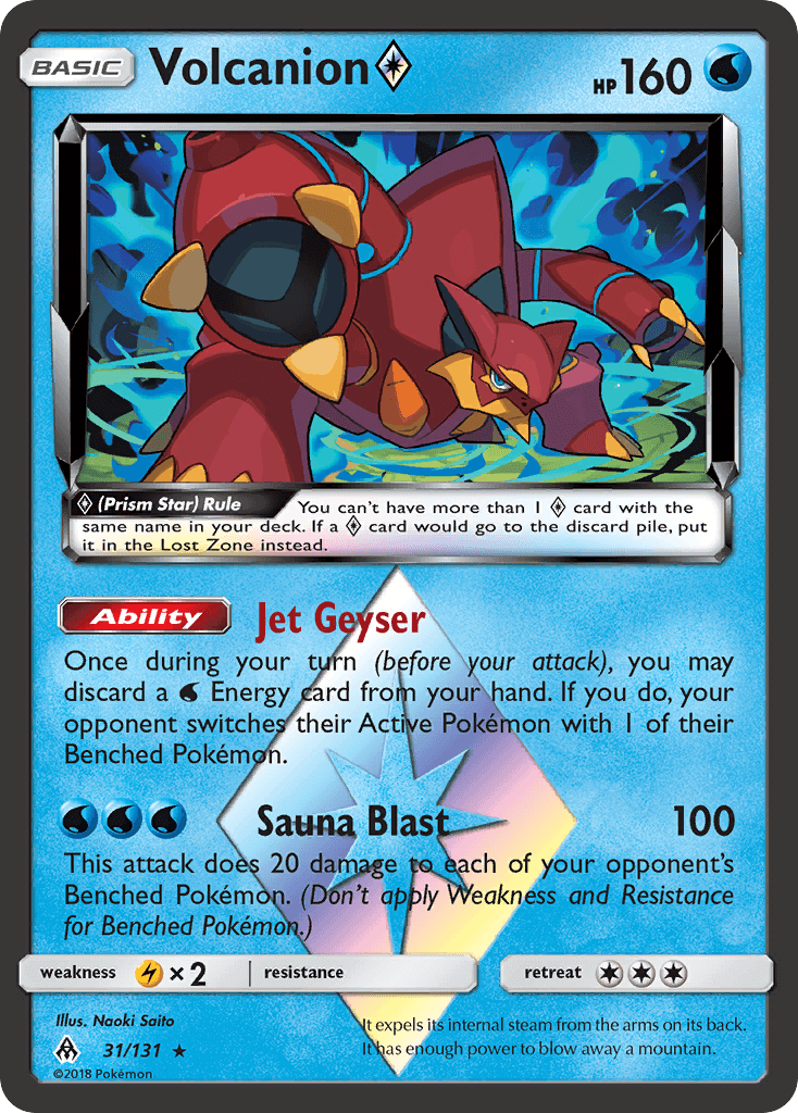 Volcanion (31/131) (Prism Star) [Sun & Moon: Forbidden Light] card showcasing HP and abilities.