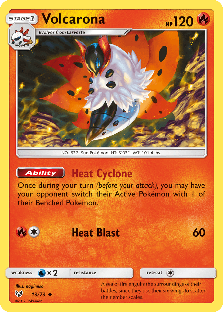 Volcarona (13/73) [Sun & Moon: Shining Legends] trading card featuring Heat Cyclone ability and Heat Blast attack.